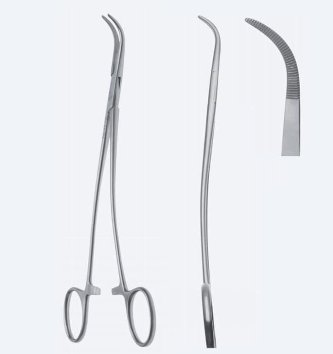 Зажими хірургічні дисекційні та лігатурні Overholt, S-вигнуті, зубчасті щелепи, з кремальєрою, довжина 210 мм. Бренд - Asanus Medizintechnik Gmb, Німеччина